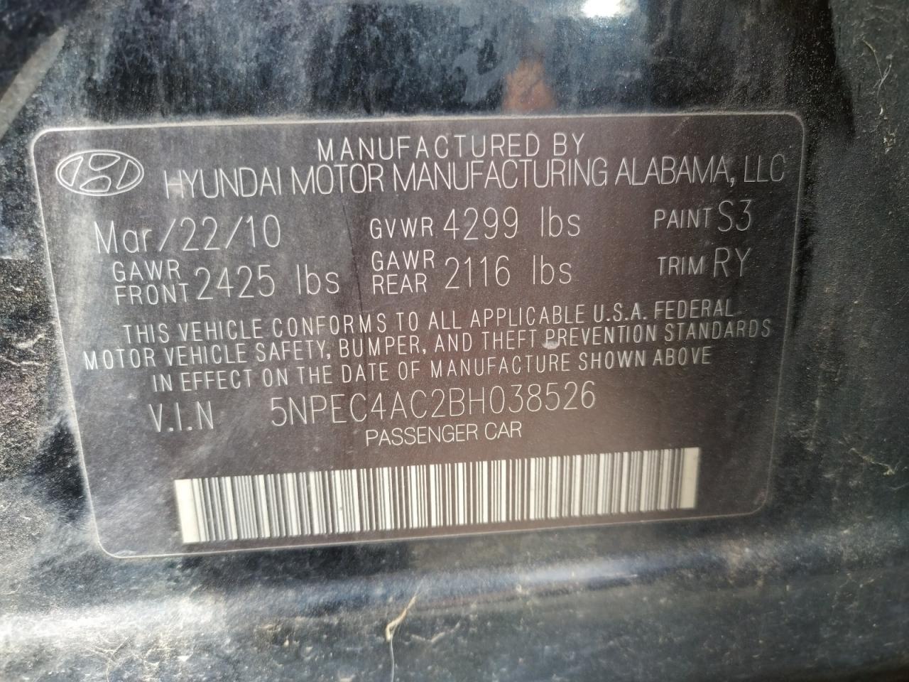 Photo 10 from auction – 2011 HYUNDAI SONATA SE with VIN 5NPEC4AC2BH038526