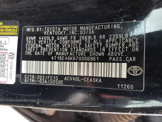 Photo 10 from auction – 2007 TOYOTA CAMRY CE with VIN 4T1BE46K67U006961