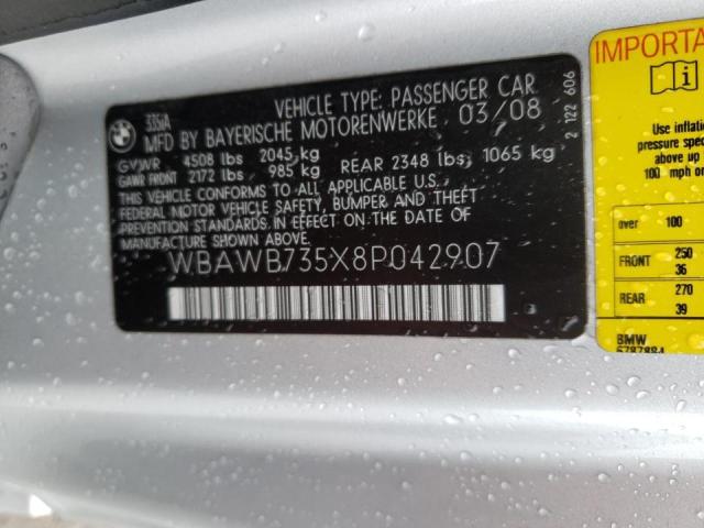 Photo 10 from auction – 2008 BMW 335 I with VIN WBAWB735X8P042907