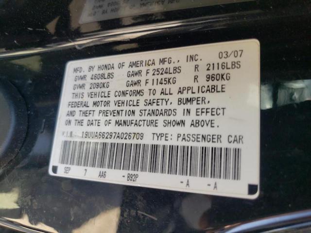 Photo 10 from auction – 2007 ACURA TL with VIN 19UUA66297A026709