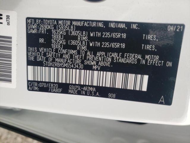 Photo 10 from auction – 2021 TOYOTA HIGHLANDER with VIN 5TDHZRBH5MS543430