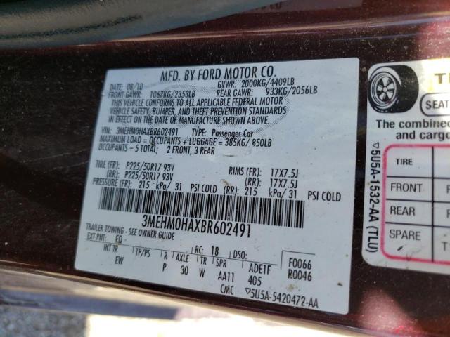 Photo 10 from auction – 2011 MERCURY MILAN with VIN 3MEHM0HAXBR602491