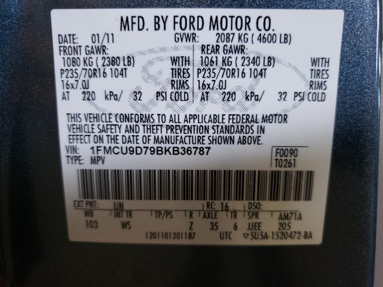 Фото 11 с аукциона – 2011 FORD ESCAPE XLT с VIN 1FMCU9D79BKB36787