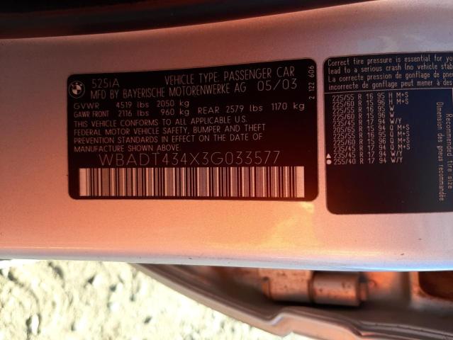Photo 10 from auction – 2003 BMW 525 I AUTO with VIN WBADT434X3G033577