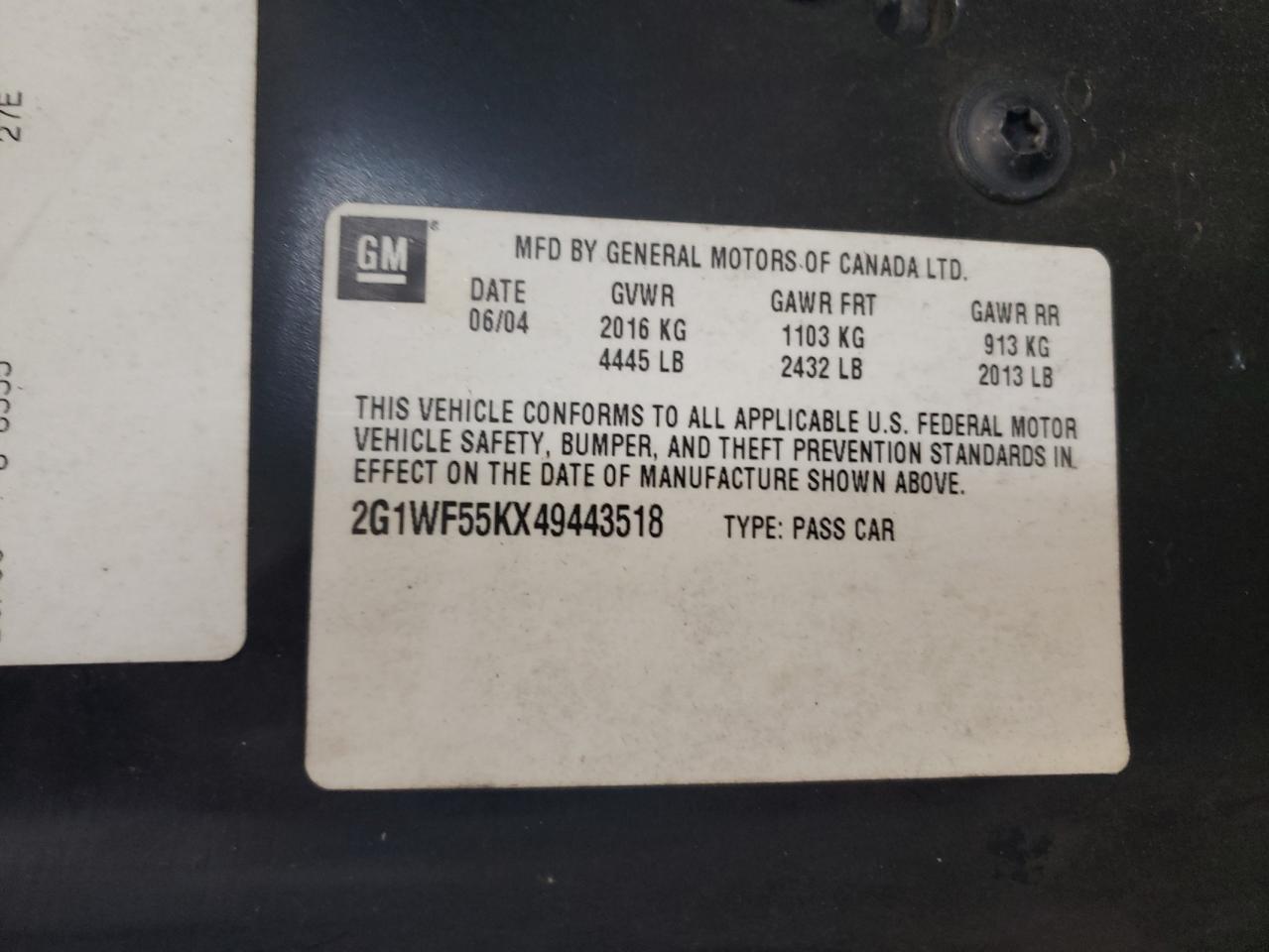 Photo 10 from auction – 2004 CHEVROLET IMPALA with VIN 2G1WF55KX49443518