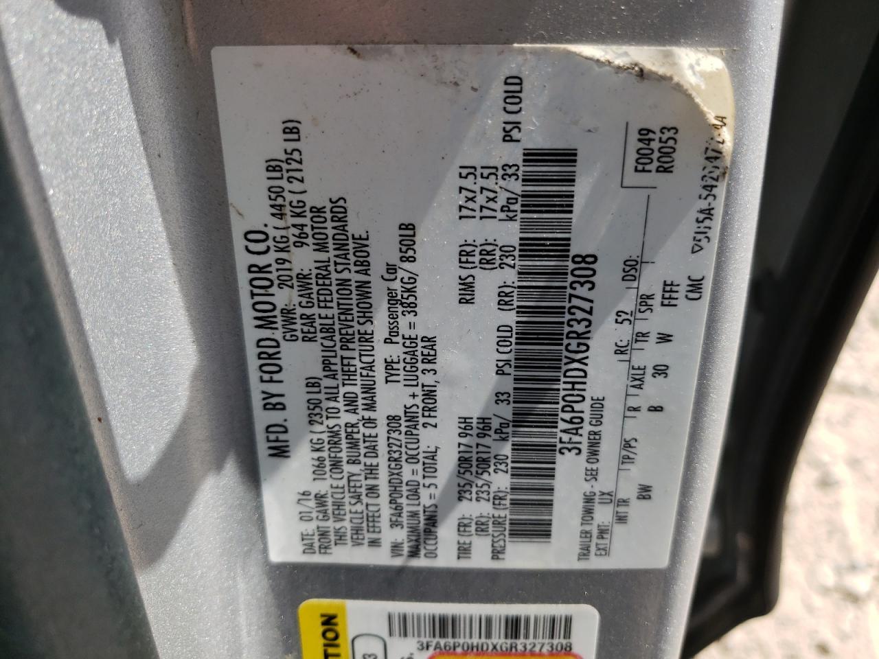 Photo 11 from auction – 2016 FORD FUSION SE with VIN 3FA6P0HDXGR327308