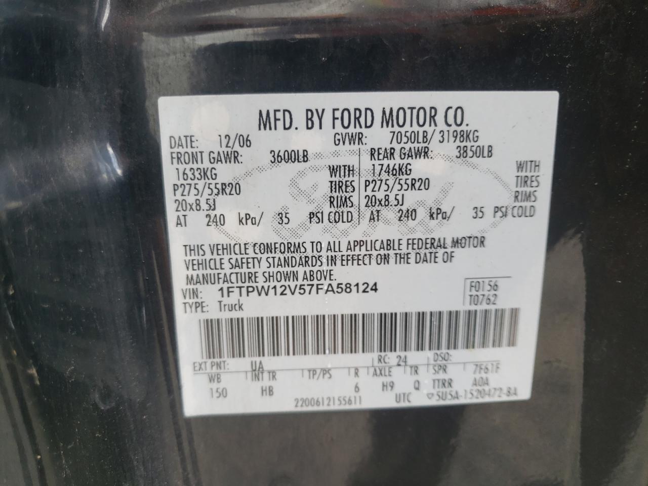 Photo 11 from auction – 2007 FORD F150 SUPER with VIN 1FTPW12V57FA58124