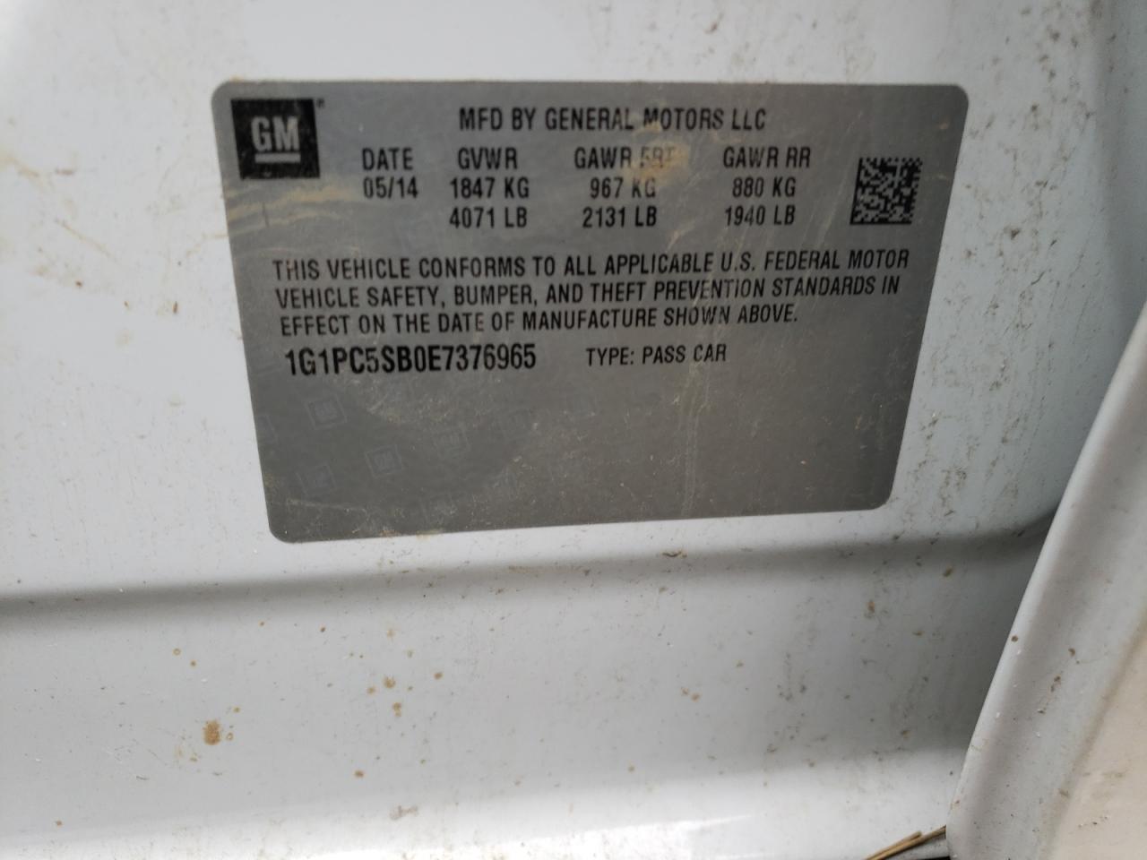 Photo 11 from auction – 2014 CHEVROLET CRUZE LT with VIN 1G1PC5SB0E7376965