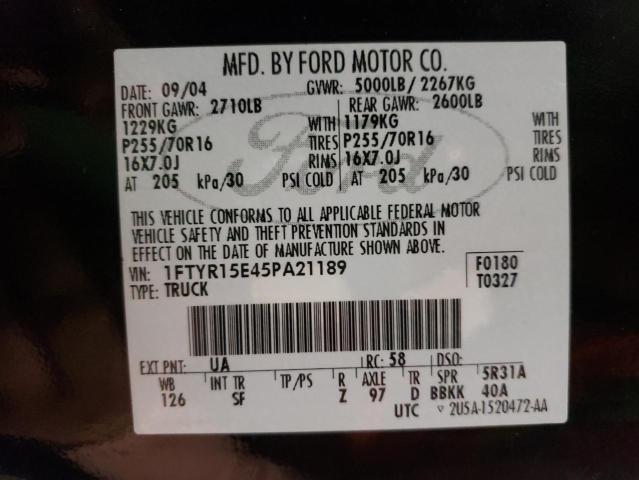 FORD RANGER SUP 2005 with VIN 1FTYR15E45PA21189 - Photo from auction