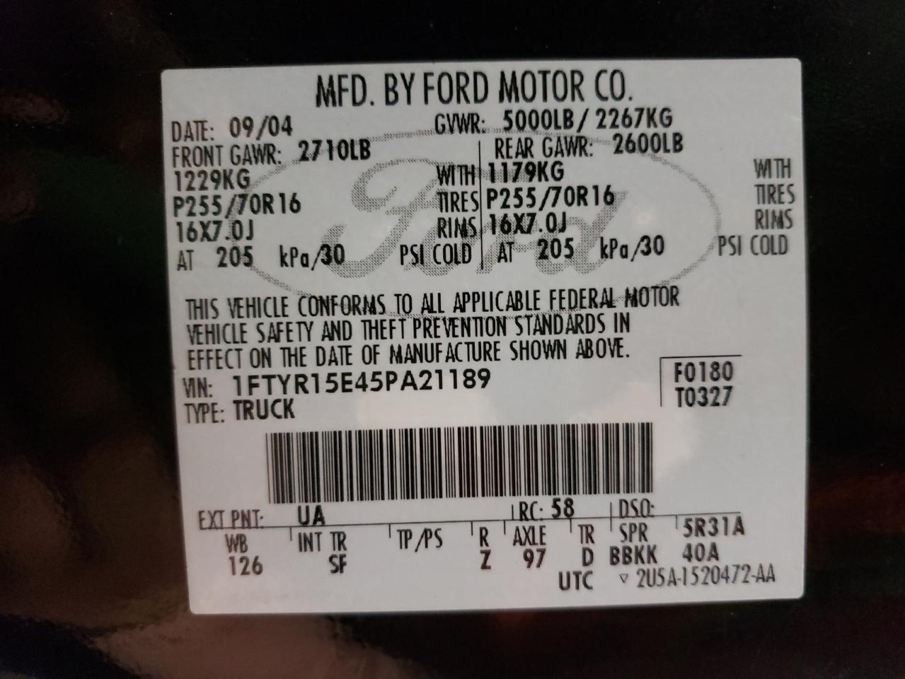 Photo 11 from auction – 2005 FORD RANGER SUP with VIN 1FTYR15E45PA21189