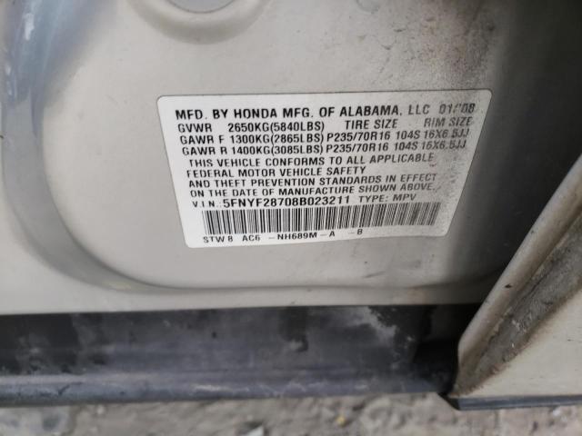 Photo 10 from auction – 2008 HONDA PILOT EXL with VIN 5FNYF28708B023211