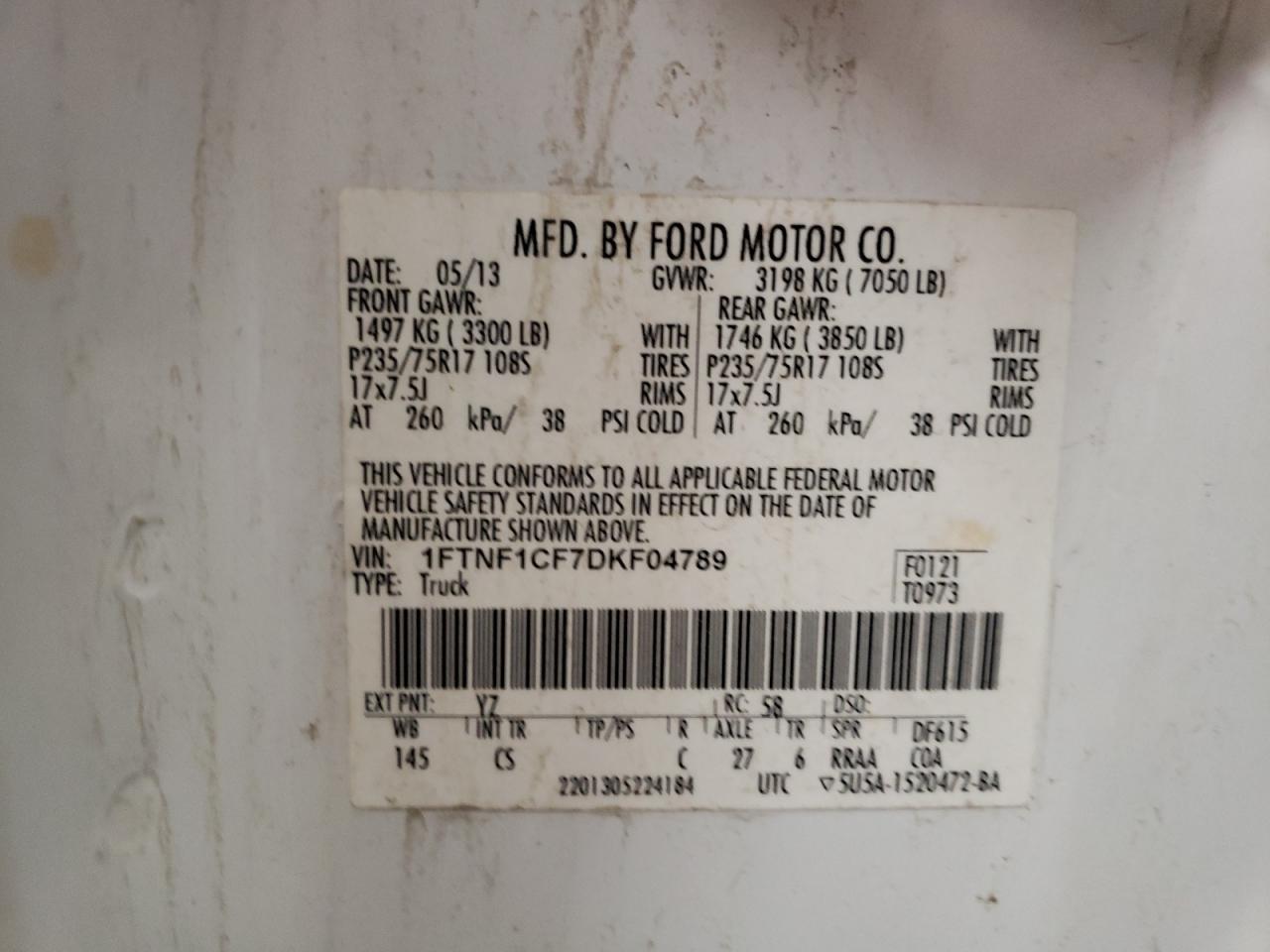 Photo 11 from auction – 2013 FORD F150 with VIN 1FTNF1CF7DKF04789