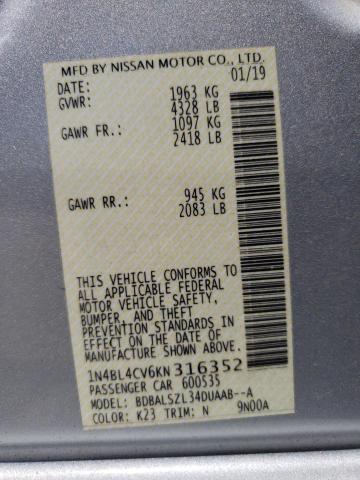 Photo 10 from auction – 2019 NISSAN ALTIMA SR with VIN 1N4BL4CV6KN316352