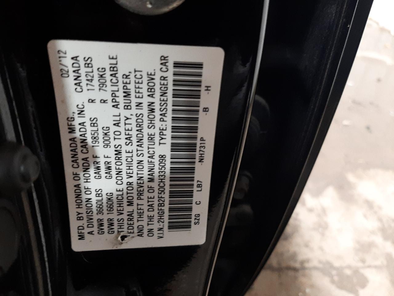 Photo 11 from auction – 2012 HONDA CIVIC LX with VIN 2HGFB2F50CH335098