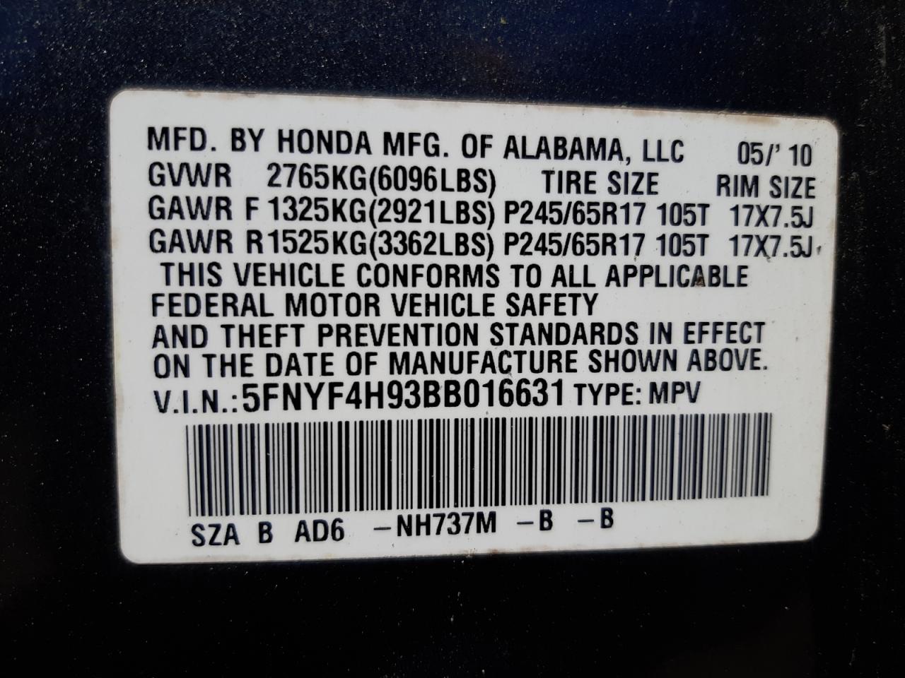 Photo 10 from auction – 2011 HONDA PILOT TOUR with VIN 5FNYF4H93BB016631