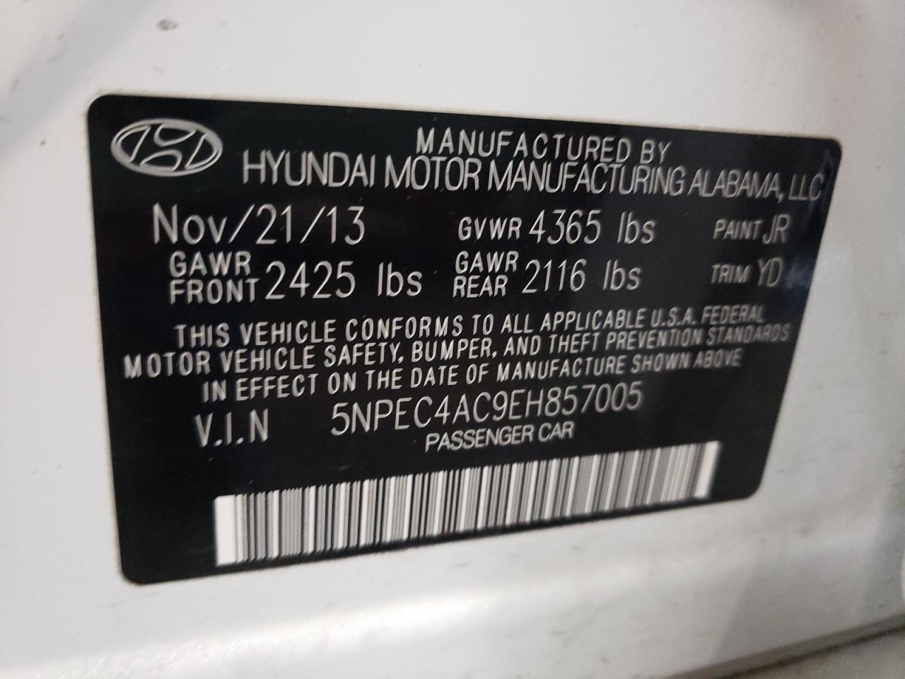 Photo 11 from auction – 2014 HYUNDAI SONATA SE with VIN 5NPEC4AC9EH857005