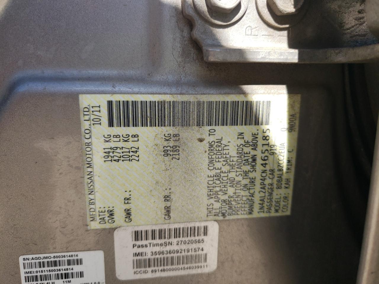 Photo 11 from auction – 2012 NISSAN ALTIMA BAS with VIN 1N4AL2AP4CN465185