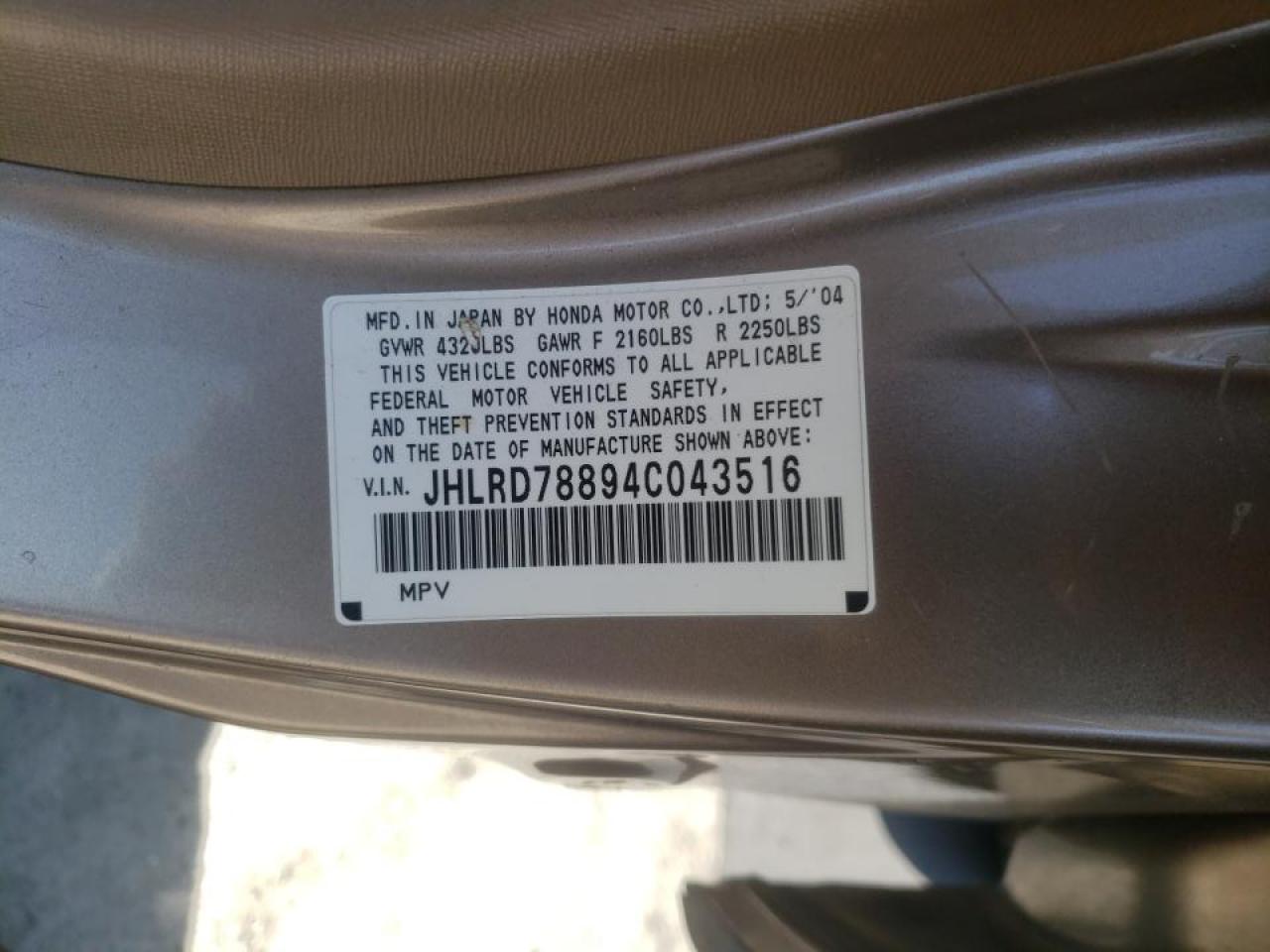 Photo 20 from auction – 2004 HONDA CR-V EX with VIN JHLRD78894C043516