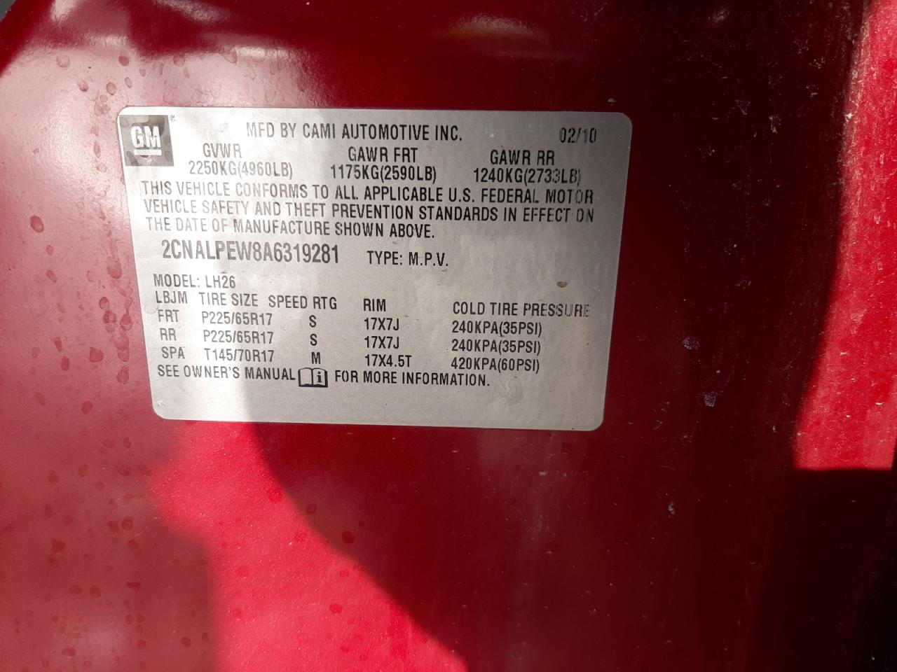 Photo 10 from auction – 2010 CHEVROLET EQUINOX LT with VIN 2CNALPEW8A6319281