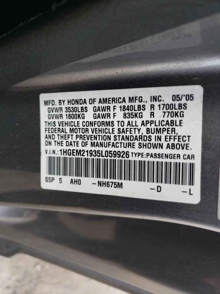 Photo 10 from auction – 2005 HONDA CIVIC EX with VIN 1HGEM21935L059926