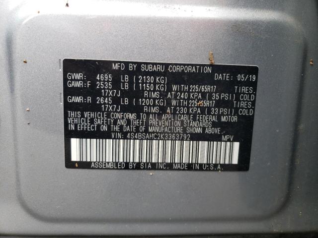 Photo 10 from auction – 2019 SUBARU OUTBACK 2. with VIN 4S4BSAHC2K3363792