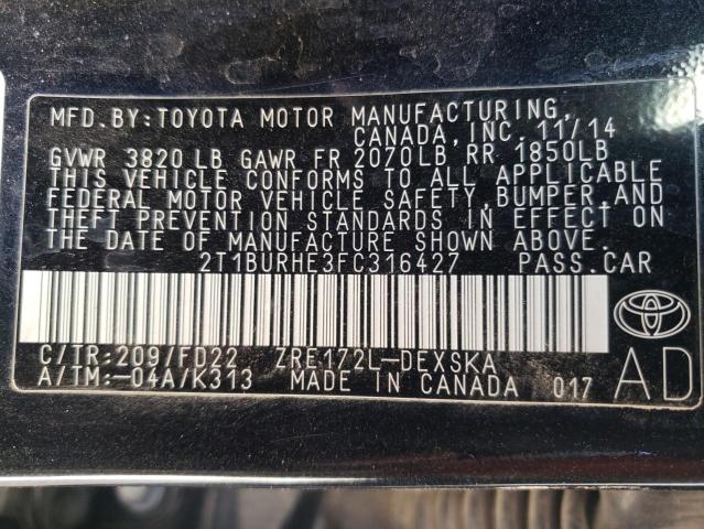 Photo 10 from auction – 2015 TOYOTA COROLLA L with VIN 2T1BURHE3FC316427