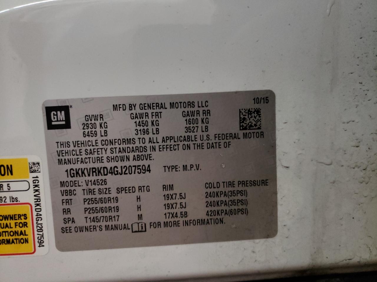 Photo 11 from auction – 2016 GMC ACADIA SLT with VIN 1GKKVRKD4GJ207594