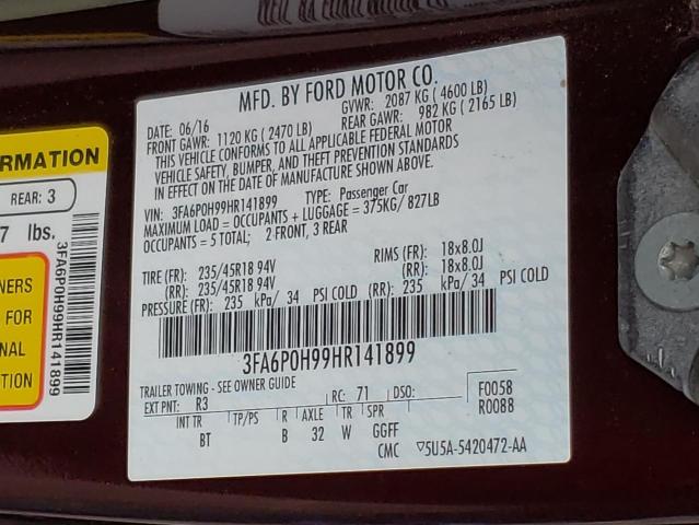 Photo 10 from auction – 2017 FORD FUSION SE with VIN 3FA6P0H99HR141899