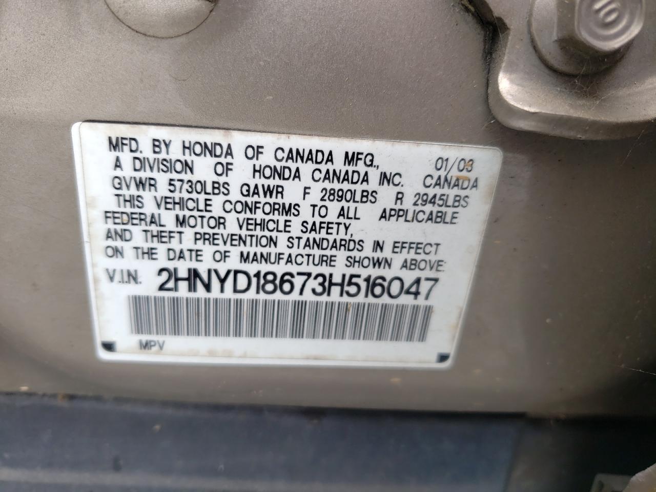 Photo 11 from auction – 2003 ACURA MDX with VIN 2HNYD18673H516047