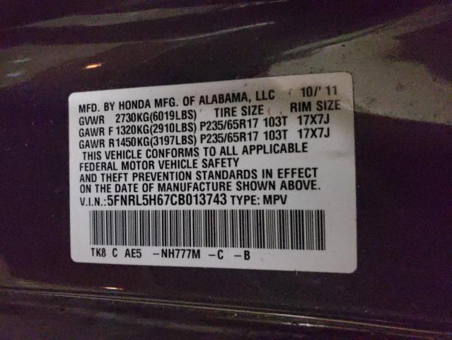 Photo 10 from auction – 2012 HONDA ODYSSEY EX with VIN 5FNRL5H67CB013743