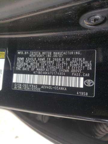 Photo 10 from auction – 2007 TOYOTA CAMRY CE with VIN 4T1BE46K47U174954