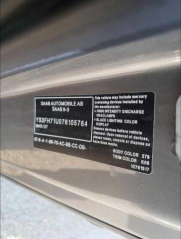 Photo 10 from auction – 2007 SAAB 9-3 AERO with VIN YS3FH71U076105764