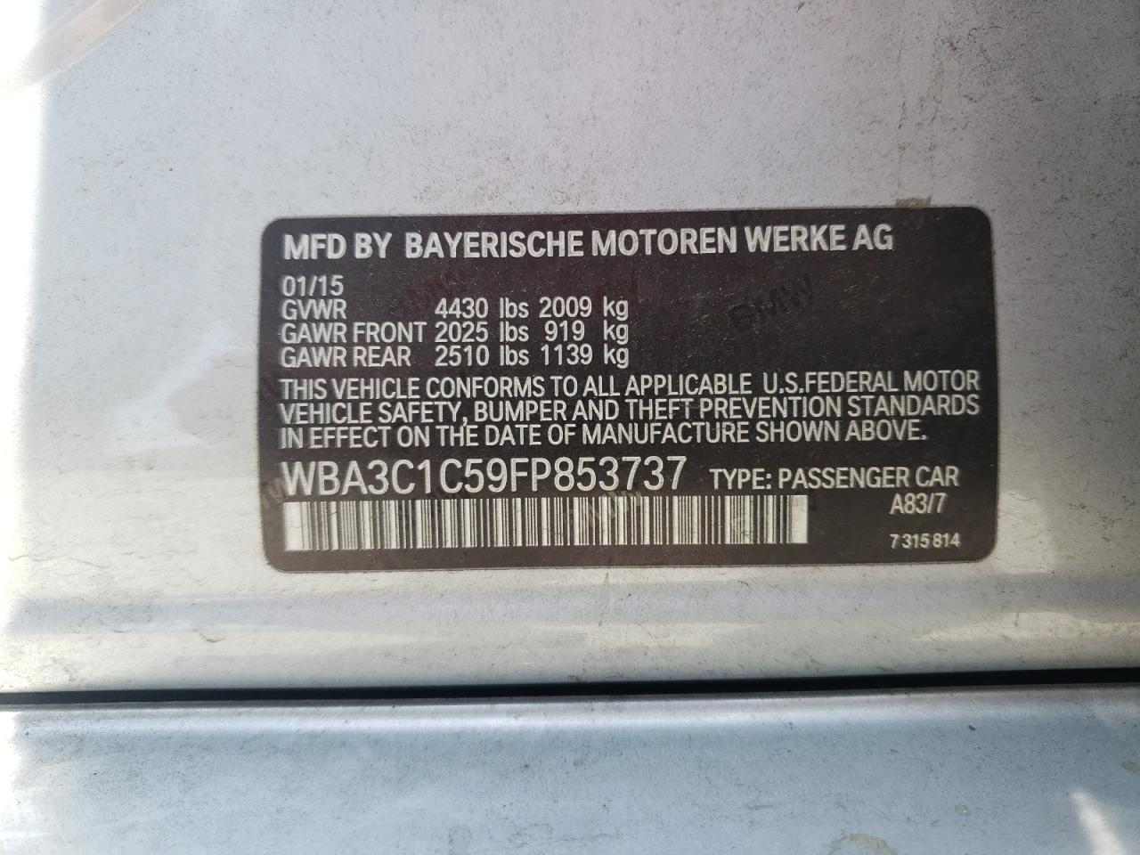 Photo 10 from auction – 2015 BMW 328 I SULE with VIN WBA3C1C59FP853737