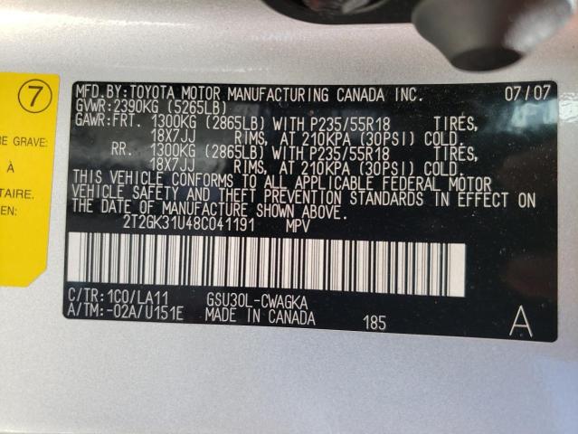 Photo 10 from auction – 2008 LEXUS RX 350 with VIN 2T2GK31U48C041191