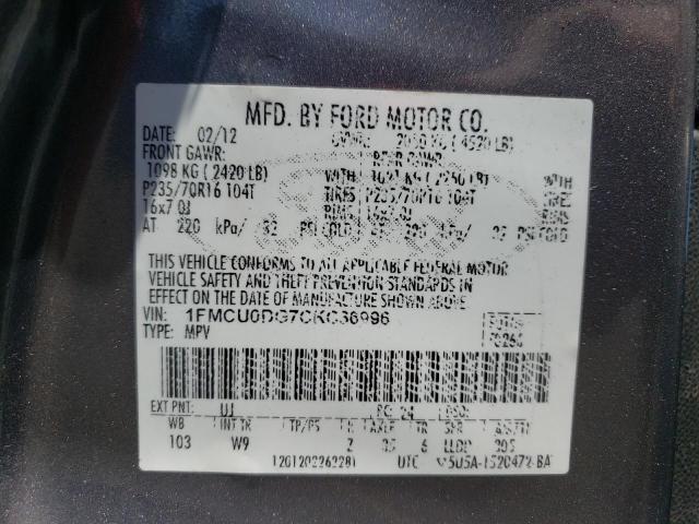 Photo 10 from auction – 2012 FORD ESCAPE XLT with VIN 1FMCU0DG7CKC36996