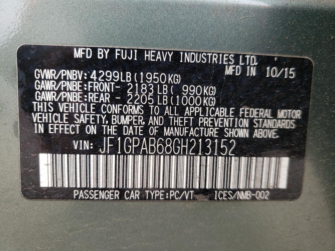 Photo 10 from auction – 2016 SUBARU IMPREZA PR with VIN JF1GPAB68GH213152