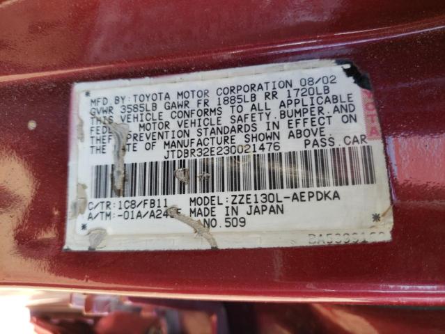 TOYOTA COROLLA CE 2003 with VIN JTDBR32E230021476 - Photo from auction