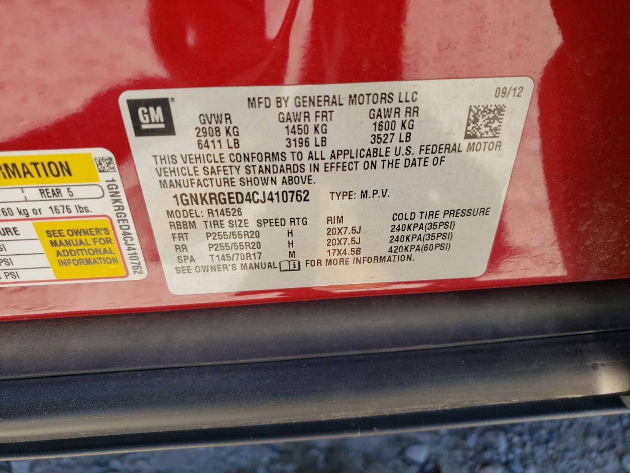 Photo 11 from auction – 2012 CHEVROLET TRAVERSE L with VIN 1GNKRGED4CJ410762