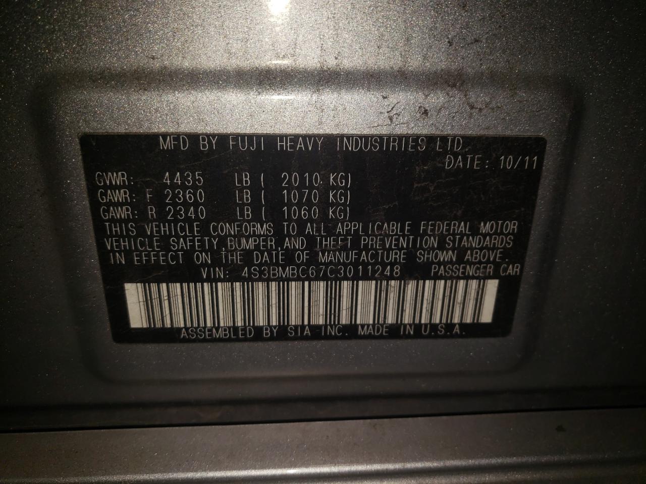 Photo 10 from auction – 2012 SUBARU LEGACY 2.5 with VIN 4S3BMBC67C3011248