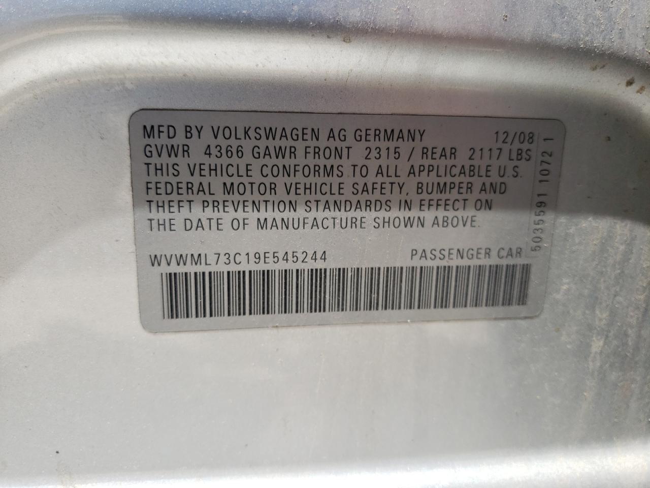 Photo 11 from auction – 2009 VOLKSWAGEN CC SPORT with VIN WVWML73C19E545244