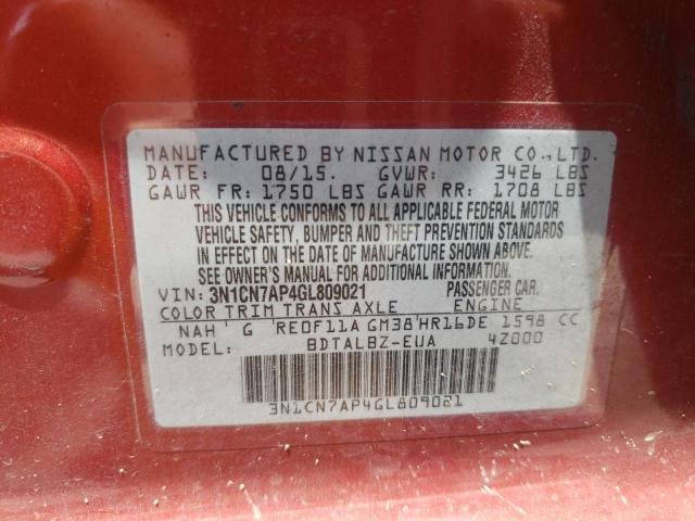 Photo 10 from auction – 2016 NISSAN VERSA S with VIN 3N1CN7AP4GL809021