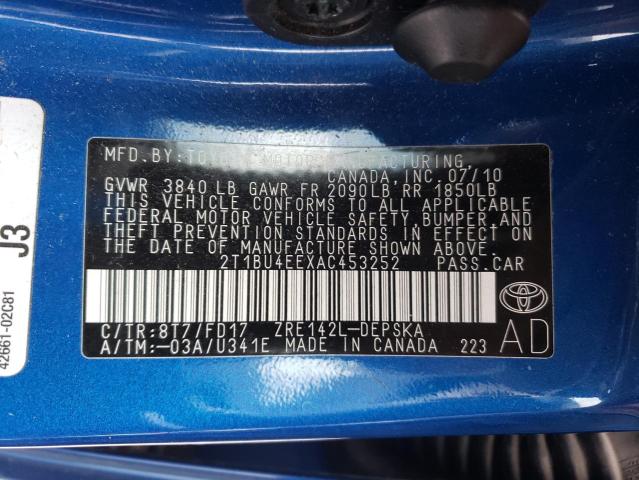 TOYOTA COROLLA BA 2010 with VIN 2T1BU4EEXAC453252 - Photo from auction