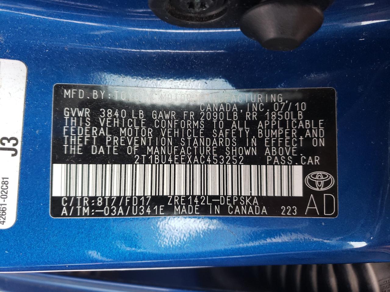 Photo 11 from auction – 2010 TOYOTA COROLLA BA with VIN 2T1BU4EEXAC453252