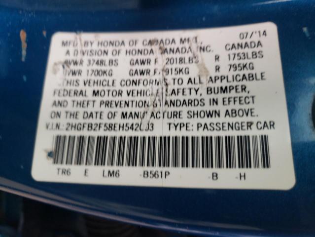 Photo 10 from auction – 2014 HONDA CIVIC LX with VIN 2HGFB2F58EH542003