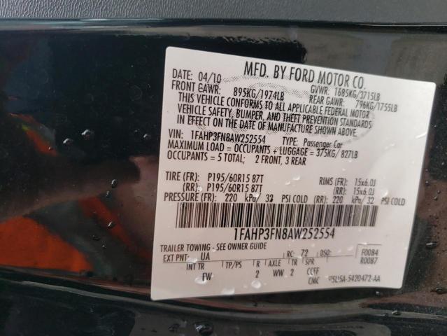 FORD FOCUS SE 2010 with VIN 1FAHP3FN8AW252554 - Photo from auction
