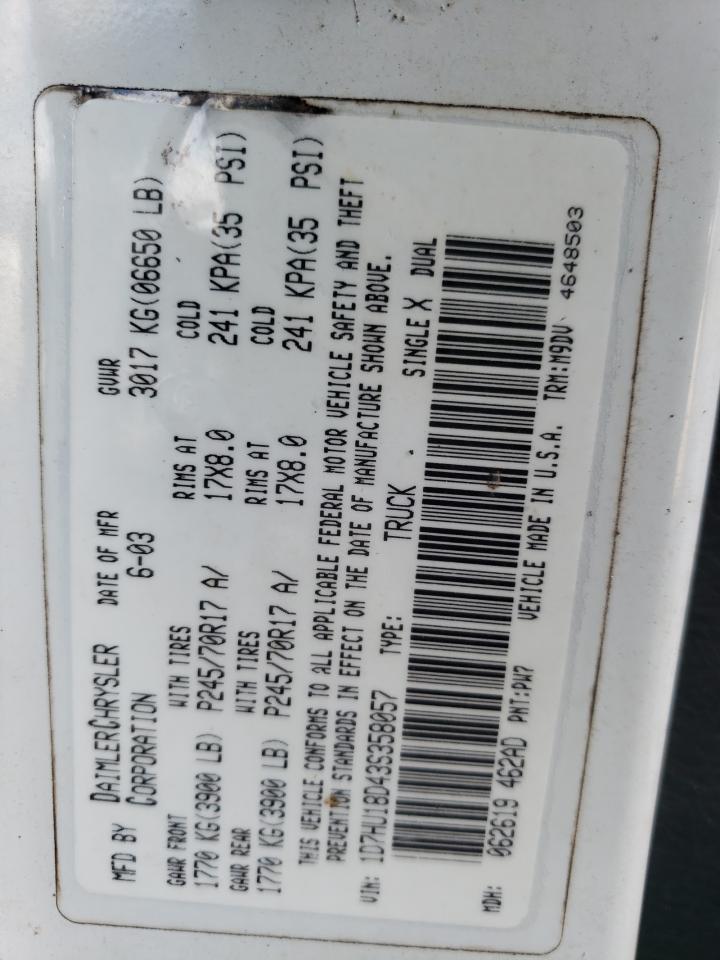 Photo 10 from auction – 2003 DODGE RAM 1500 S with VIN 1D7HU18D43S358057