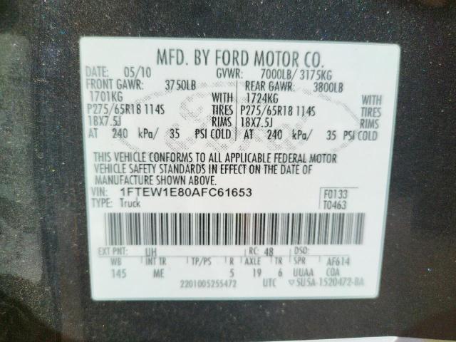 Photo 10 from auction – 2010 FORD F150 SUPER with VIN 1FTEW1E80AFC61653