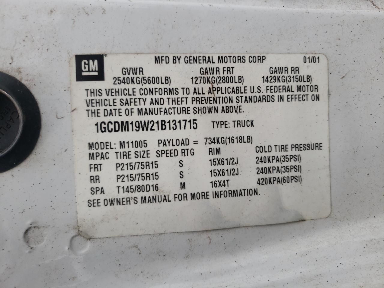 Photo 10 from auction – 2001 CHEVROLET ASTRO with VIN 1GCDM19W21B131715