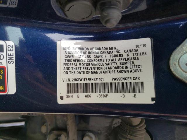 Photo 10 from auction – 2011 HONDA CIVIC LX with VIN 2HGFA1F52BH521401