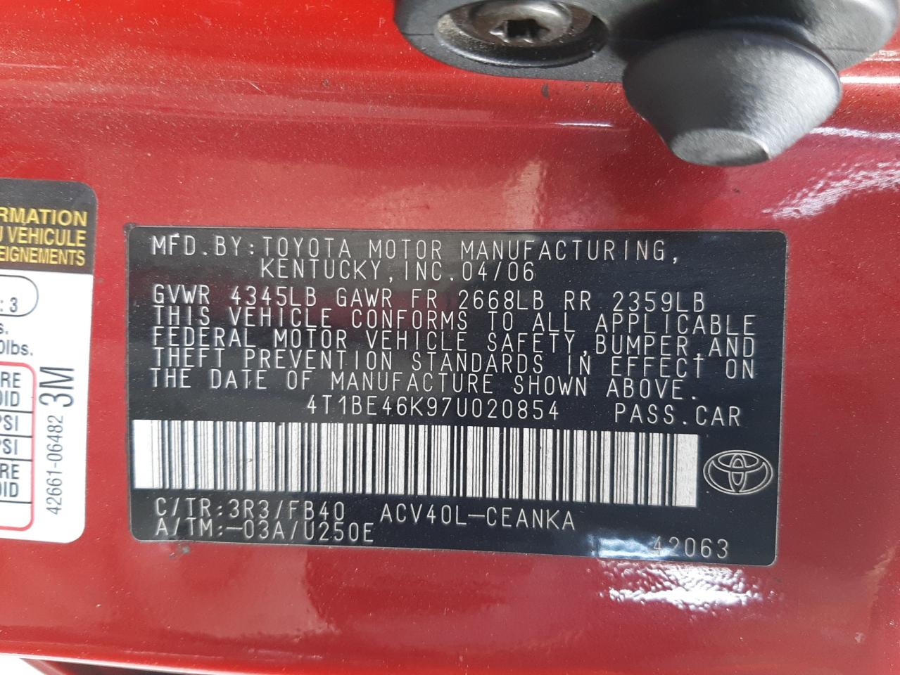 Photo 11 from auction – 2007 TOYOTA CAMRY CE with VIN 4T1BE46K97U020854